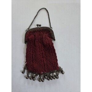 Antique Edwardian Crocheted Coin Purse Burgundy Kiss Lock Chain Fringe c.1900